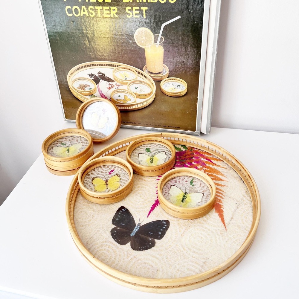 Bamboo Coaster and Tray Set Tan Butterfly Vintage Bohemian Rattan Entomology